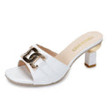 Women's Metal Buckle High Heel Peep Toe Slippers | Block Heel Open Toe Mules in PU Leather