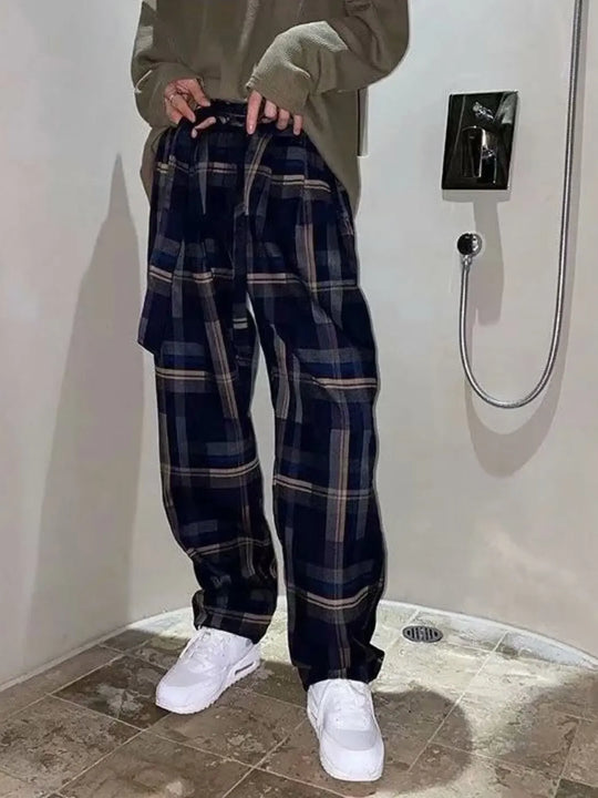 Another view: Men’s Drawstring Plaid Relaxed-Fit Trousers