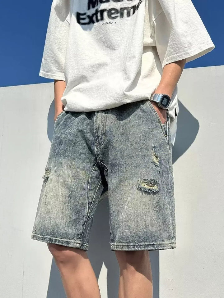 Men's Full Size Distressed Wash Denim Shorts Plus