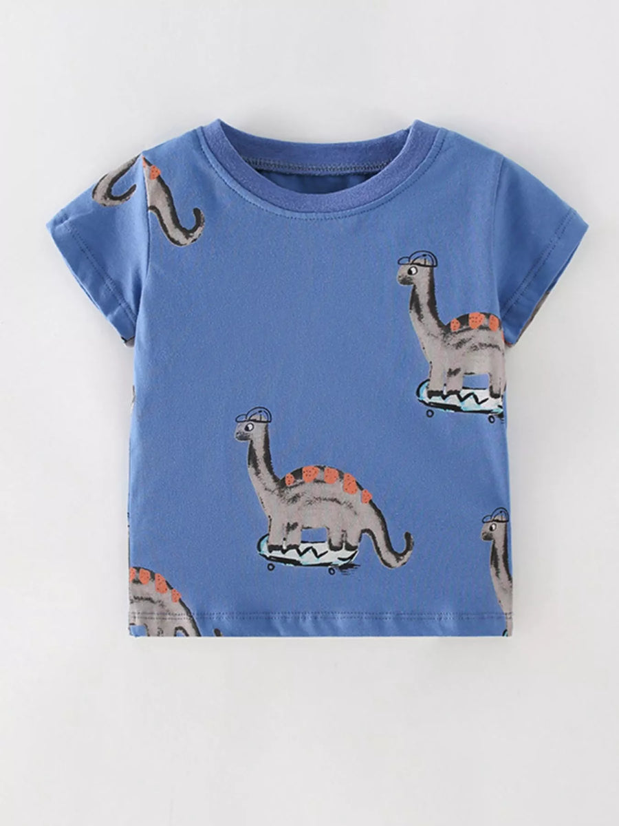 Bluebird Lane Dinosaur Skateboard Print Crewneck Short-Sleeve T-Shirt