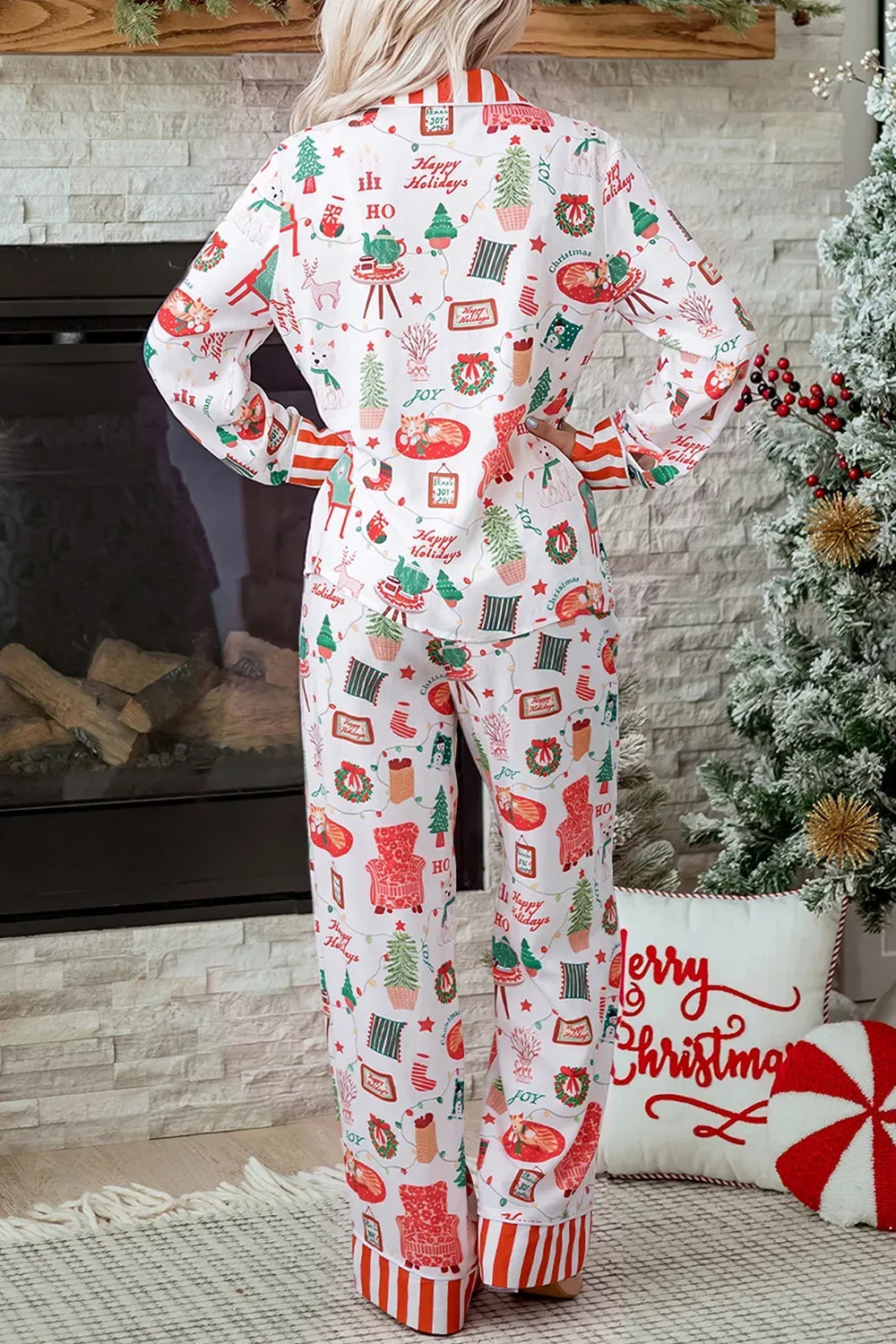 Women's Striped Holiday Button-Up Lounge Set — photo 4