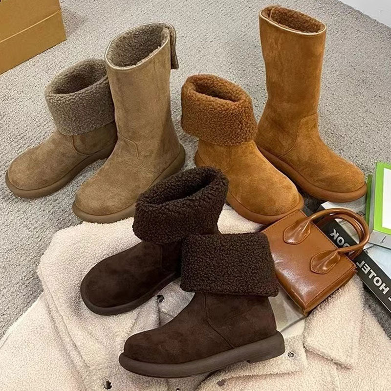 Women's Warm Mid-Calf Boots with Cotton Lining - Winter Slip-On Boots