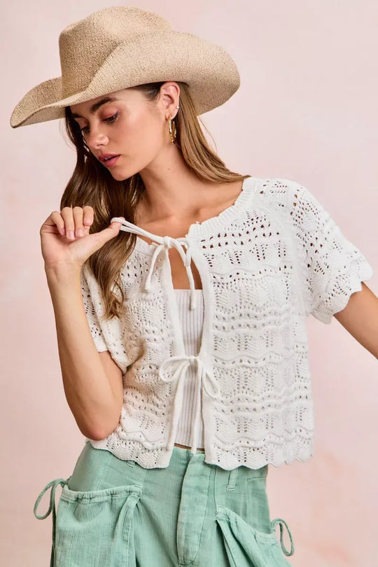 Another view: BiBi Front Bow Tie Detail Pointelle Knit Top