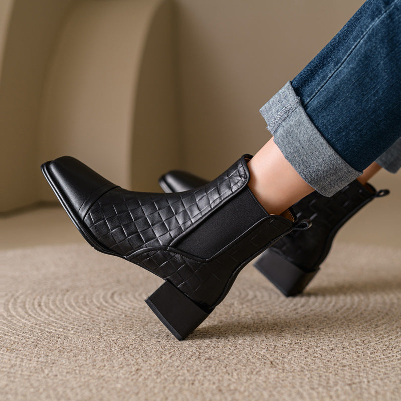 Retro Woven Square-Toe Chunky-Heel Women's Full-Grain Leather Boots with Elastic Side Panels