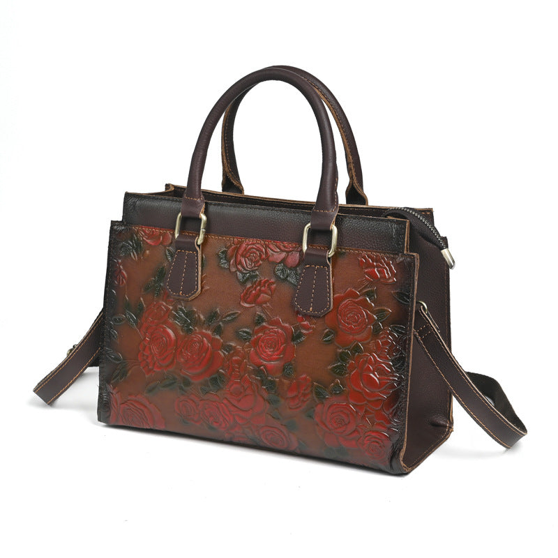 Women's Genuine Leather Shoulder Bag – Embossed Full-Grain Cowhide Handbag