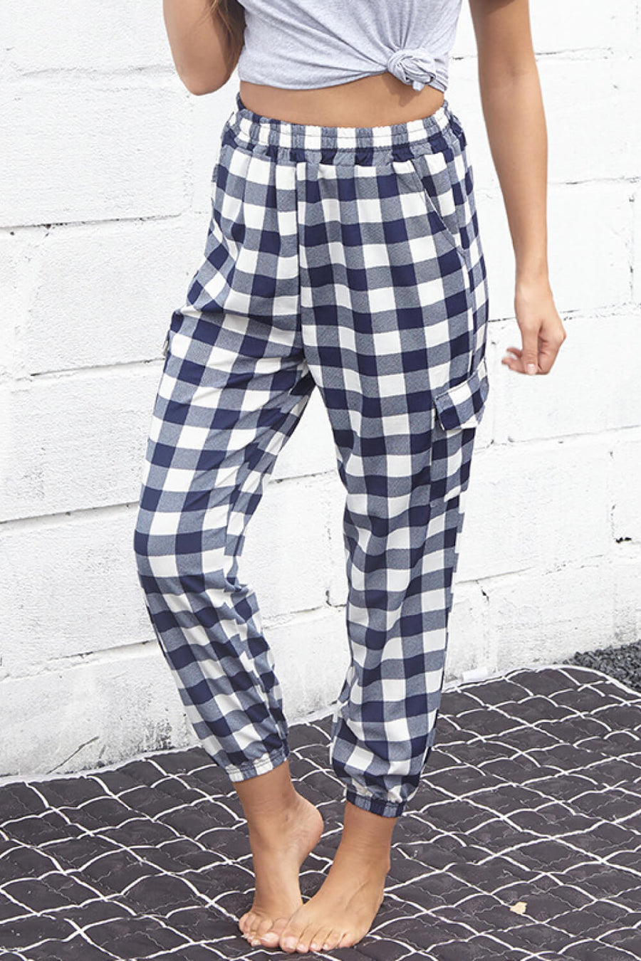 Aurelia Plaid Elastic High-Rise Cargo Pants