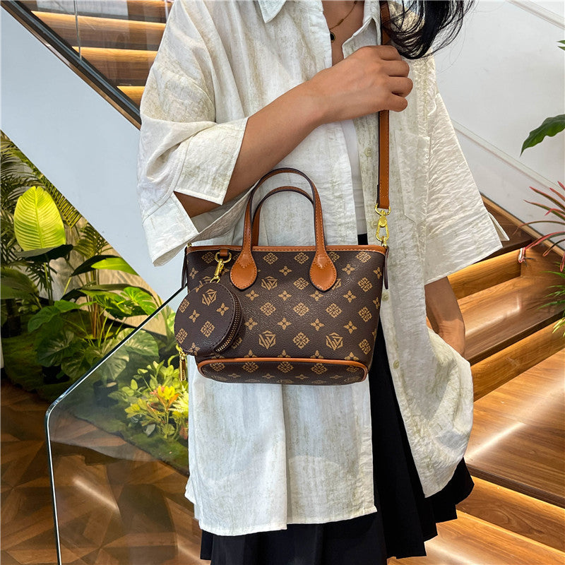 Retro Print Bucket Tote Bag – PU Leather Shoulder Bag for Women