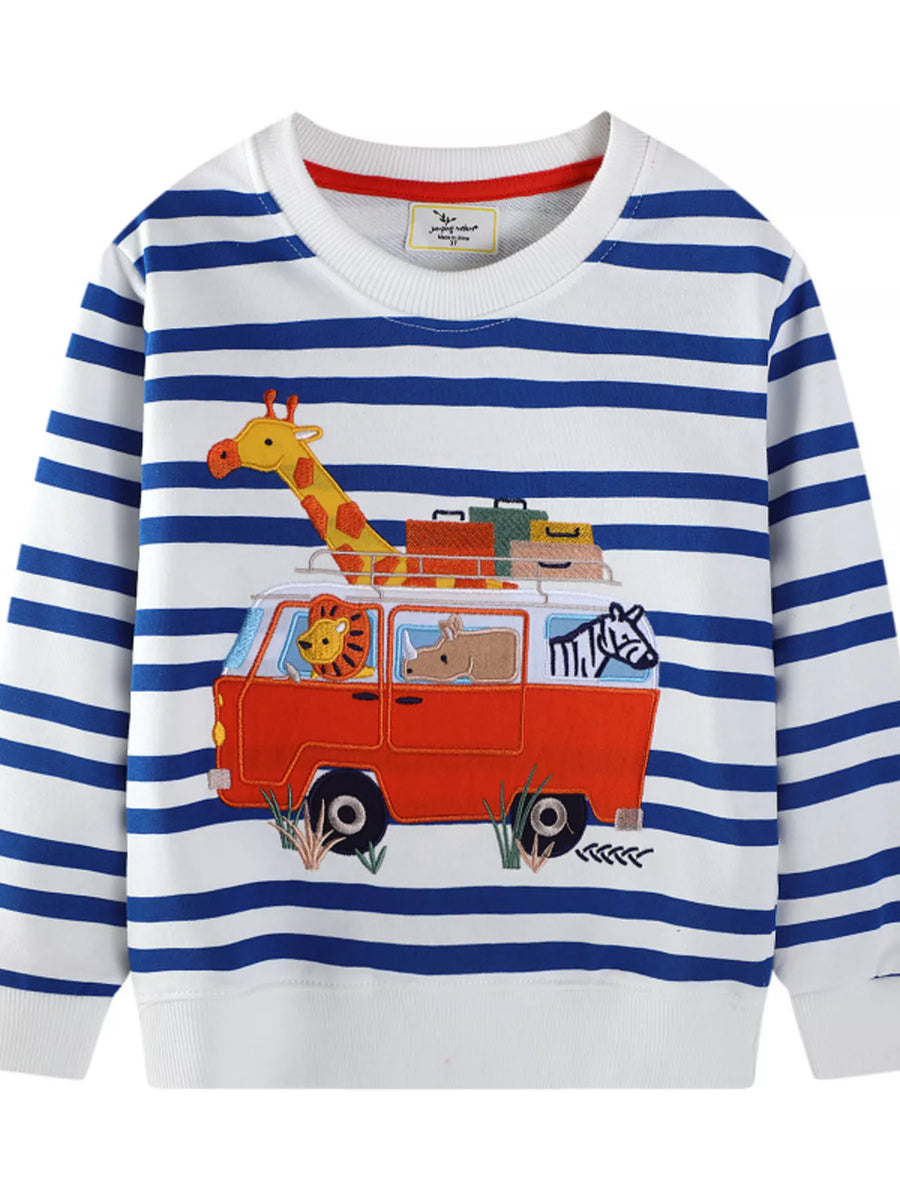 Kids' Striped Animal-Adventure Embroidered Sweatshirt – White