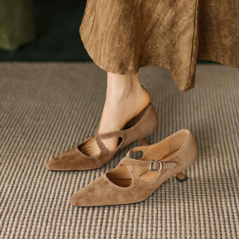 Women's Elegant Mid-Heel Stiletto Pointed-Toe Mary Jane Shoes | Slip-On Dress Shoes