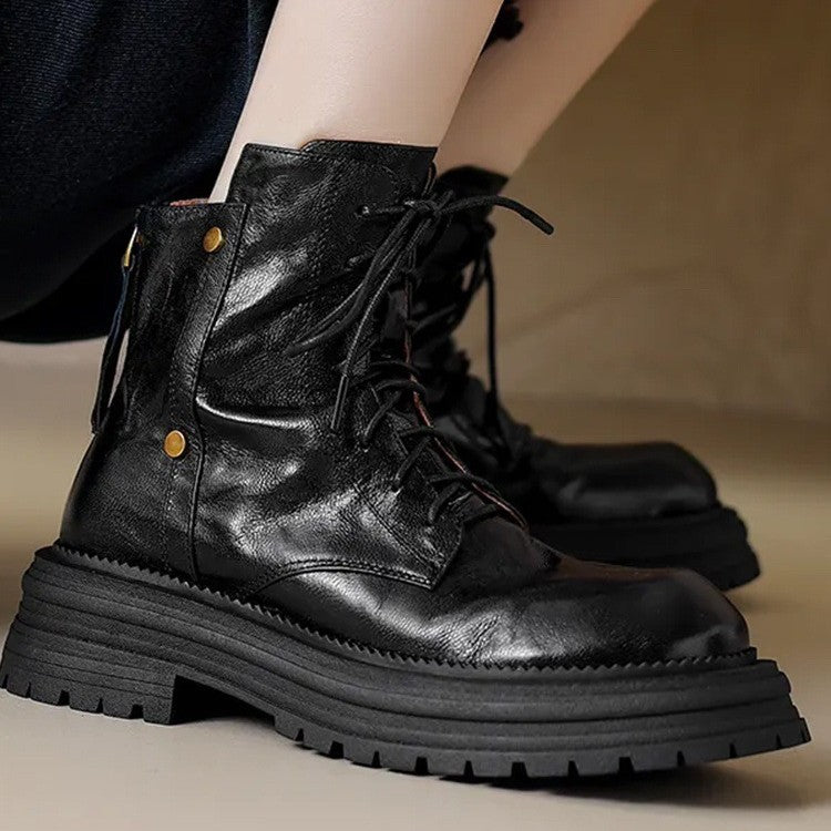 Women's Chunky Sole Lace-Up Ankle Boots - Warm Winter Faux Leather Boots with Tassel Detail