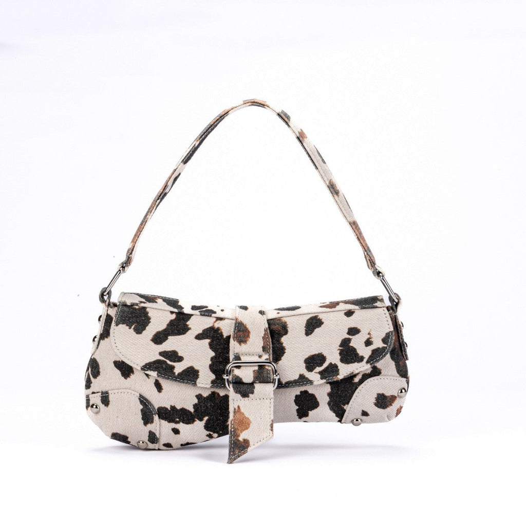 Leopard Print Underarm Bag - Distressed Canvas Shoulder Bag for Women