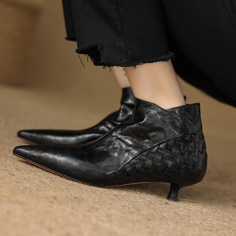 Women's Woven Full-Grain Sheepskin Ankle Boots | Pointed Toe Side Zipper Low Heel