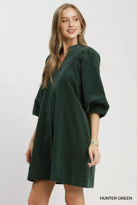 Another view: Umgee Corduroy V-Neck Puff Sleeve Shift Dress with Pockets
