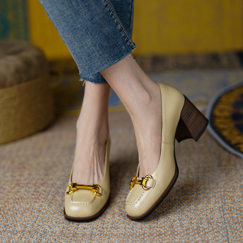 Women's Retro Square Toe Chunky Heel Pumps - French Style Block Heel Shoes