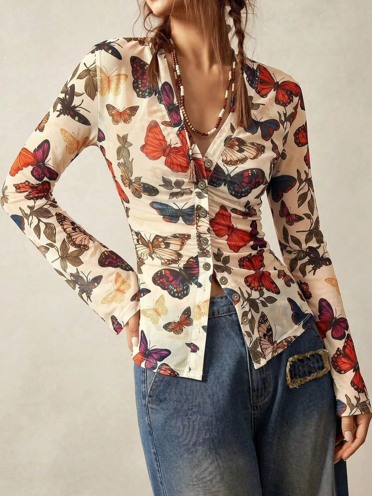 Butterfly Print V-Neck Button-Down Blouse