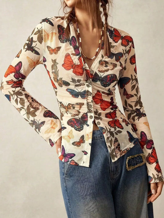 Another view: Butterfly Print V-Neck Button-Down Blouse