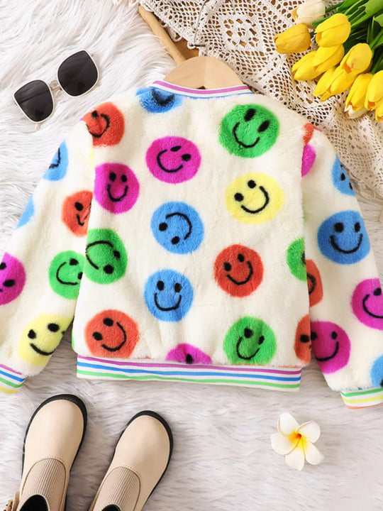 Another view: Scout Club Cheerful Smiley Face Print Plush Jacket