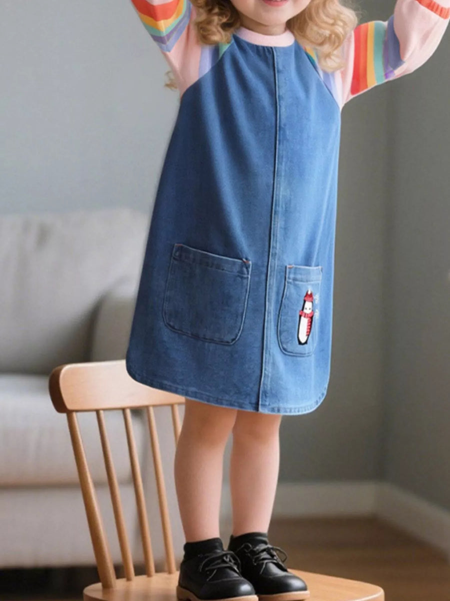 Little Orbit Contrast Raglan Sleeve Denim Dress