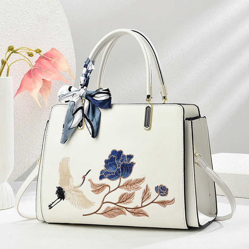 Chinese Embroidered Crane Crossbody Tote Bag for Women - Fashion Handbag with Multiple Compartments