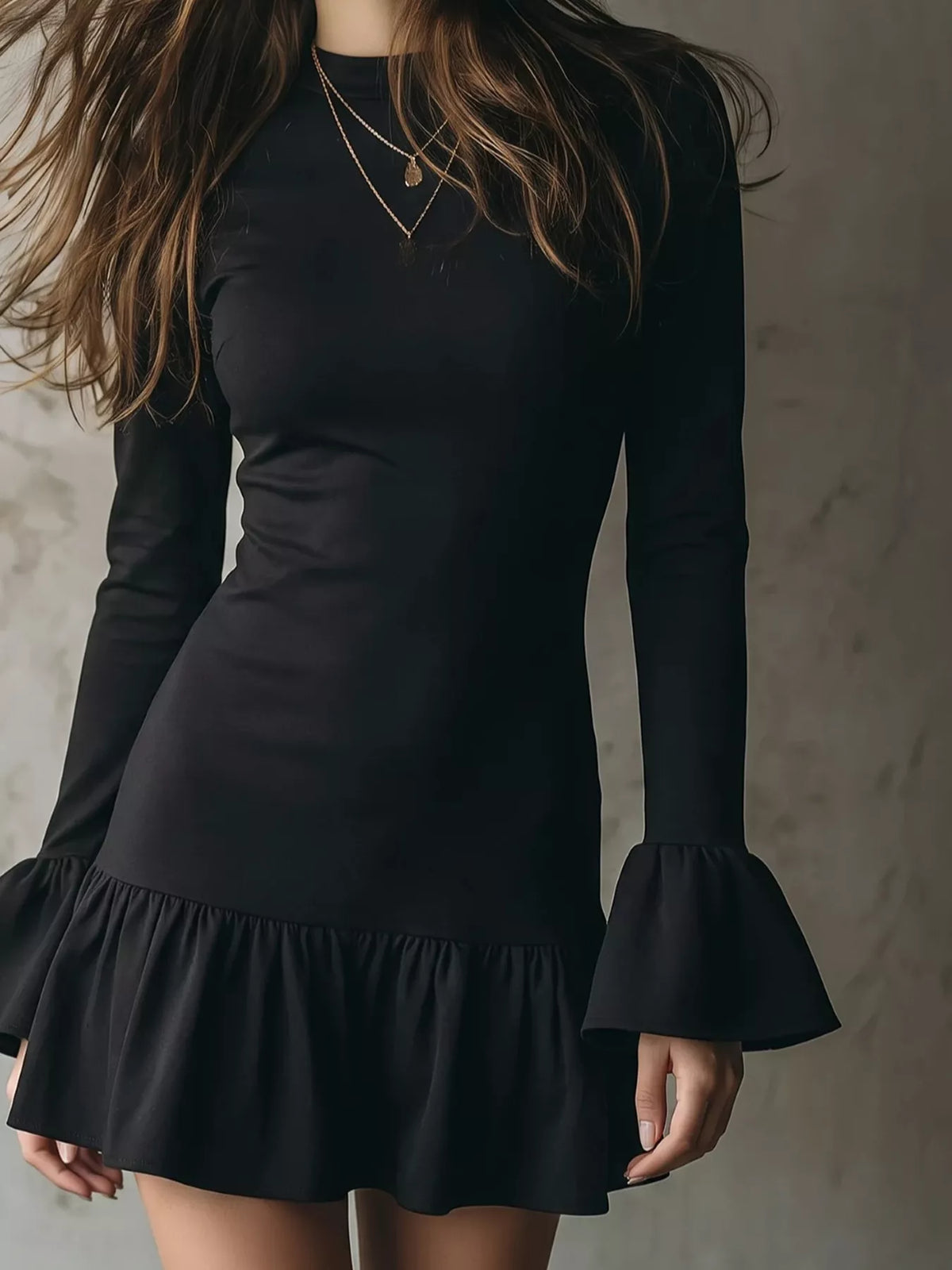 Ruffle-Hem Long-Sleeve Mini Dress