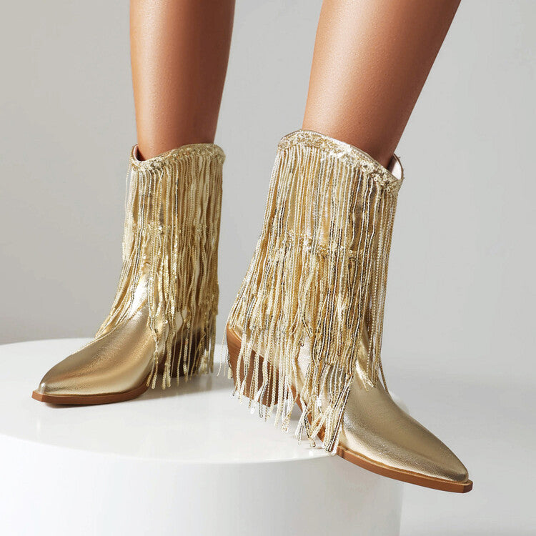 Women's Sequin Tassel Ankle Boots – Pointed Toe Chunky Heel Slip-On Party Boots