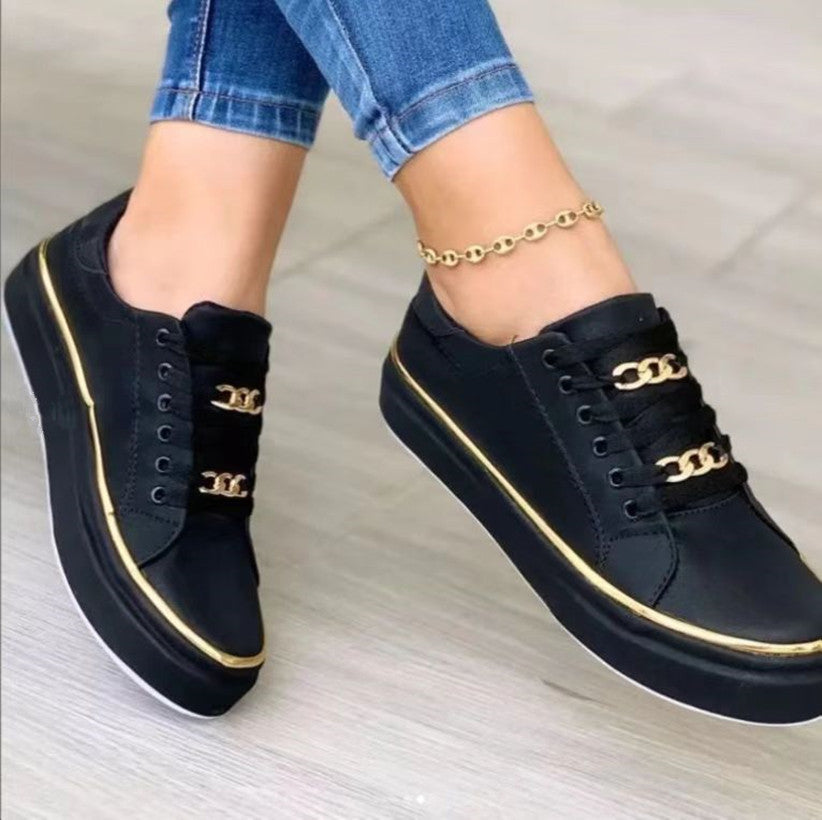 Women's Chain Flat Loafers | PU Leather Round-Toe Walking Shoes