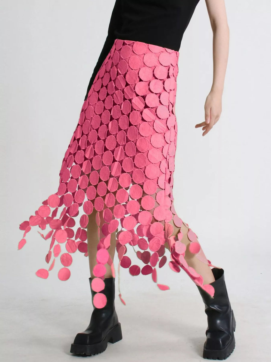 Cascading Disc-Fringe Asymmetrical Midi Skirt