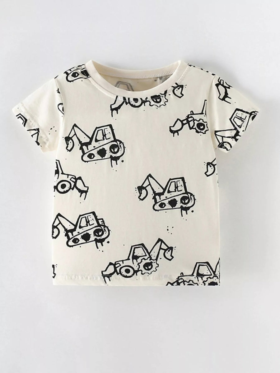 Kids' Excavator Print Cotton T-Shirt — Ivory