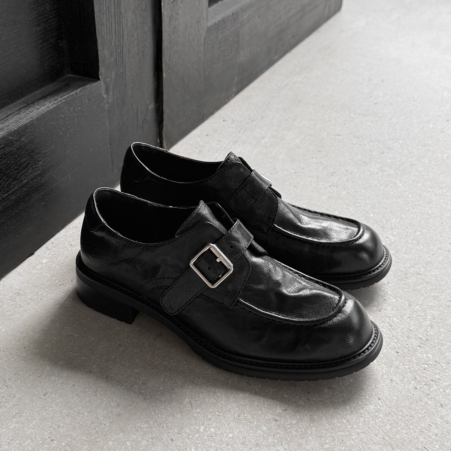 Women's Washed Leather Monk Strap Loafers | Handmade Buckle Low Block Heel Shoes