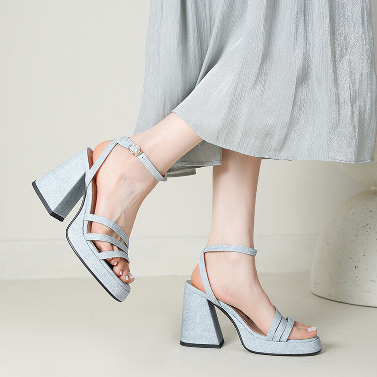 Women's Denim Strap Chunky Heel Sandals | Round Toe Block Heel | Light Blue, Dark Blue & Gray