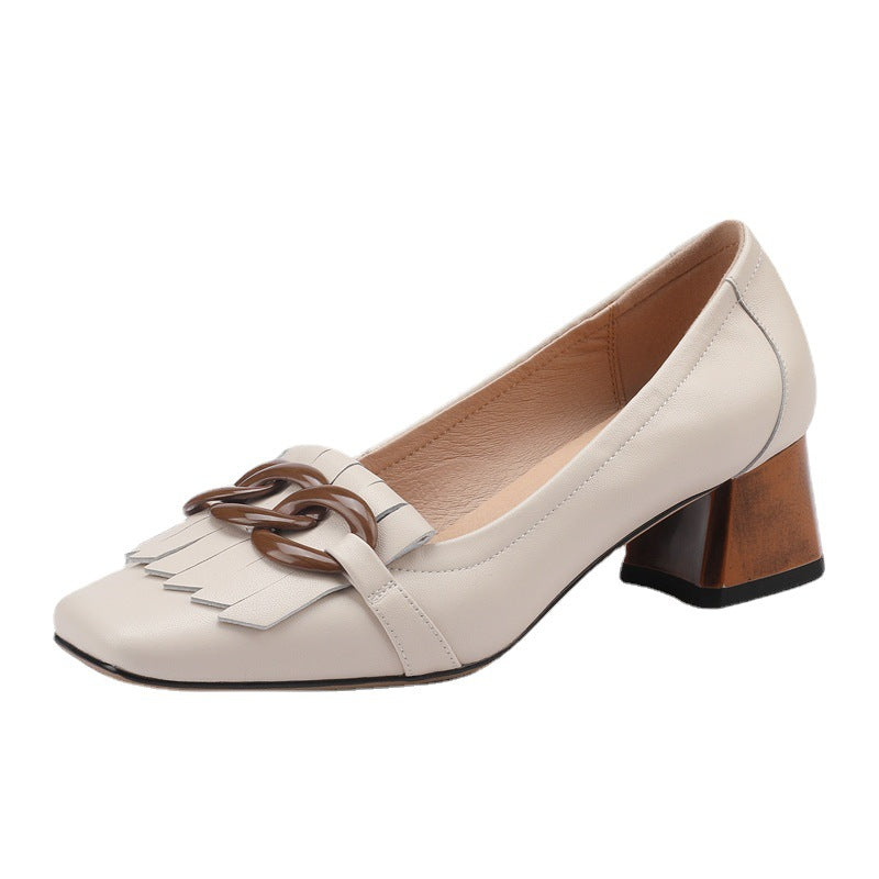 Fringed Chunky Heel Peep-Toe Leather Shoes with Chain Detail - Women's Mid Heel Slip-On Dress Shoes