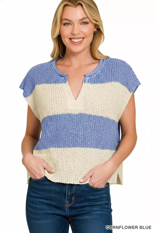 Another view: Split Neck Sleeveless Stripe Sweater — CORNFLOWER BLUE