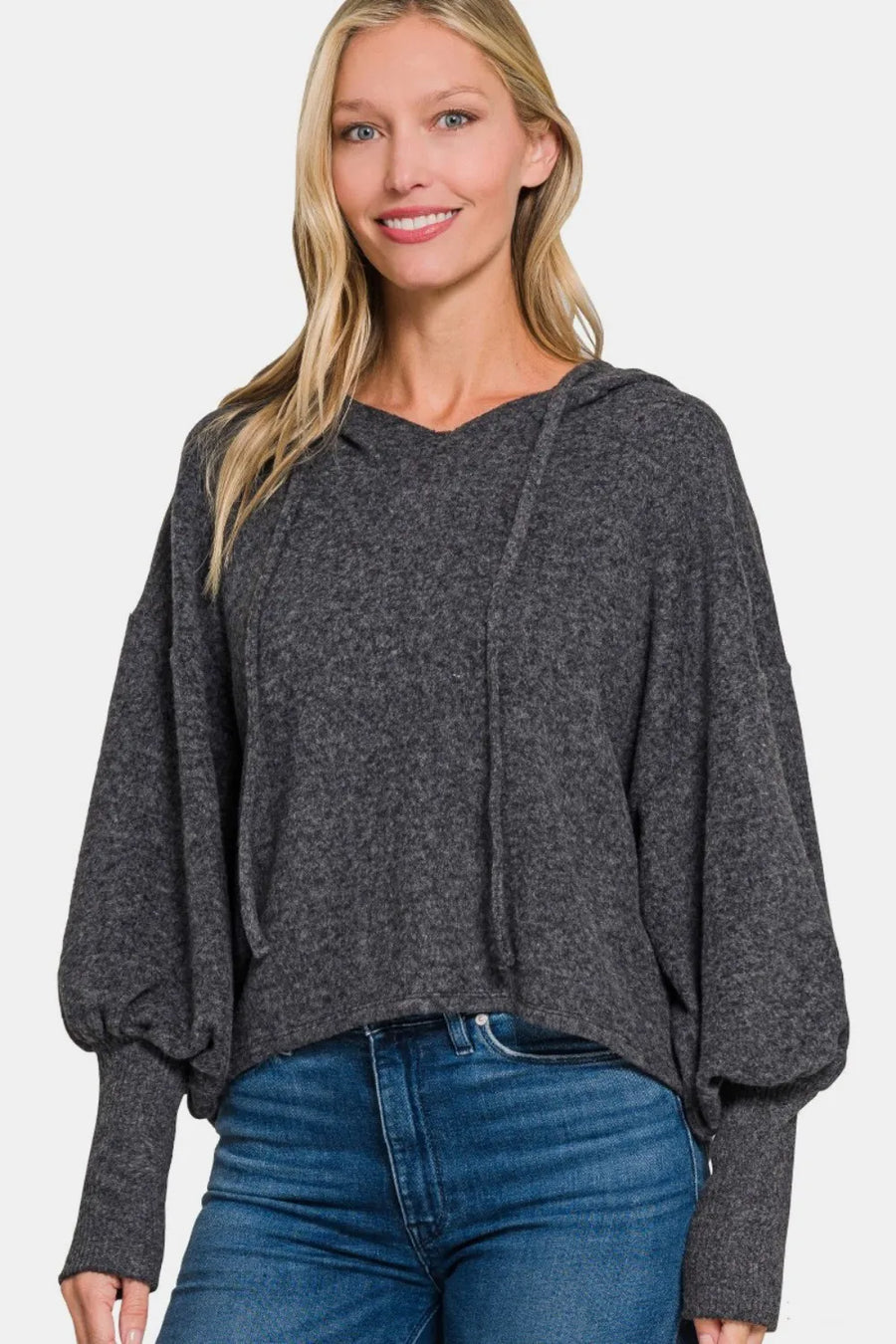 Brushed Hacci Drop Shoulder Cropped Hoodie — Black