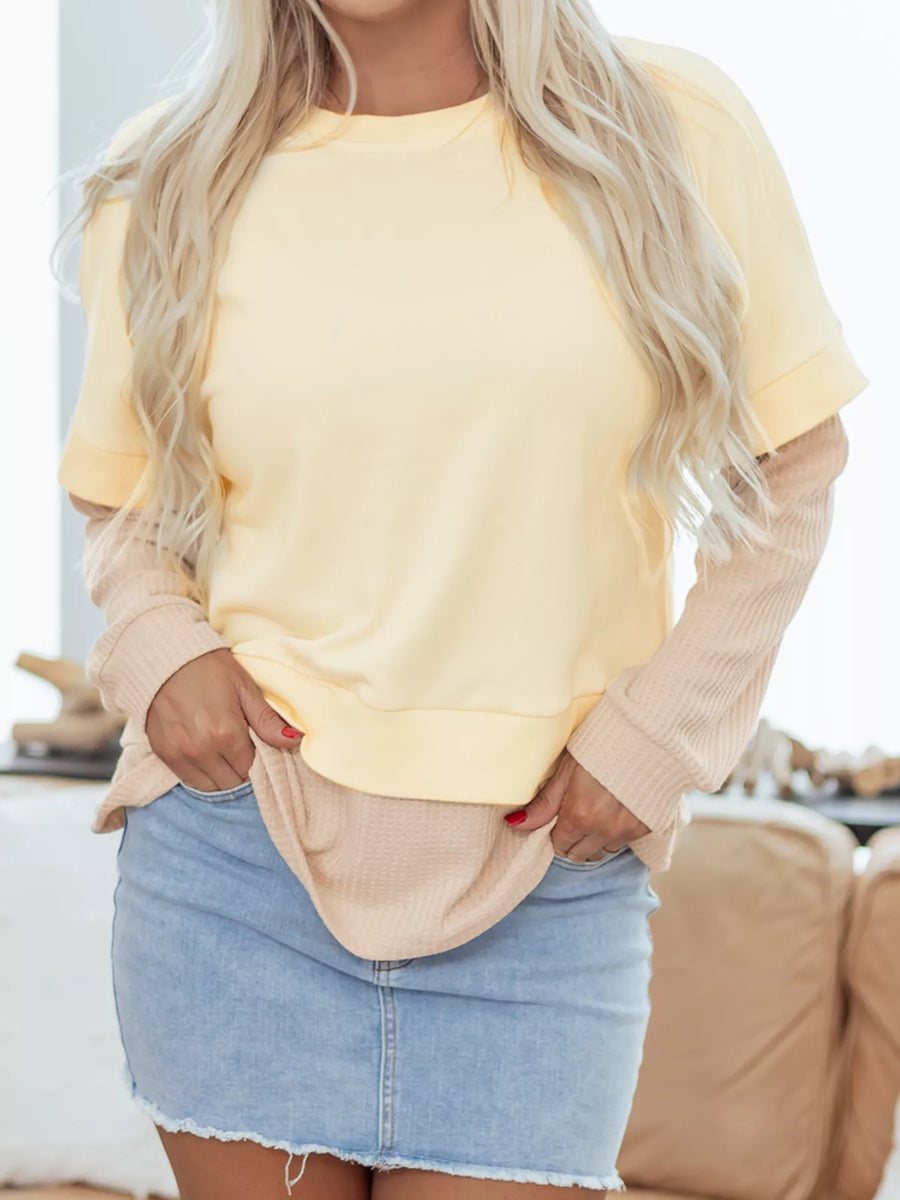 Layered Patchwork Crewneck Sweatshirt — Beige