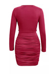 Burgundy ruched cowl-neck long-sleeve mini dress, back view