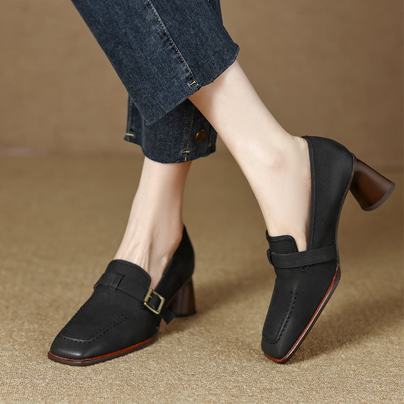 Women's Retro Chunky Heel Leather Shoes | British Style Round Toe Mid Heel Wool Leather Flats