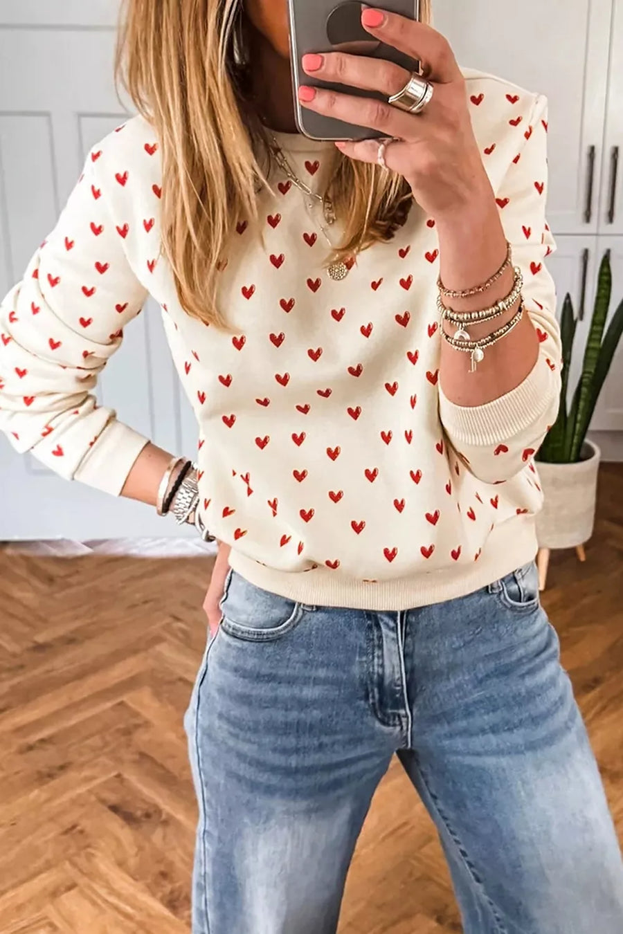 Heart-Print Crewneck Sweatshirt — Cream