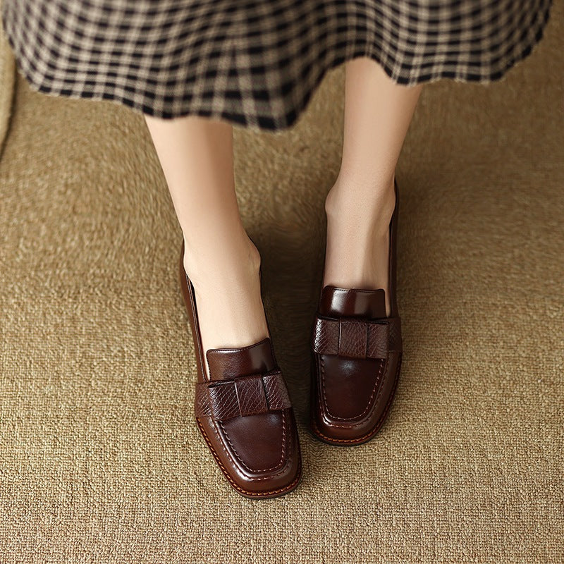 Women's Genuine Cowhide Leather Chunky Heel Commuter Shoes | Square Toe Block Heel Pumps