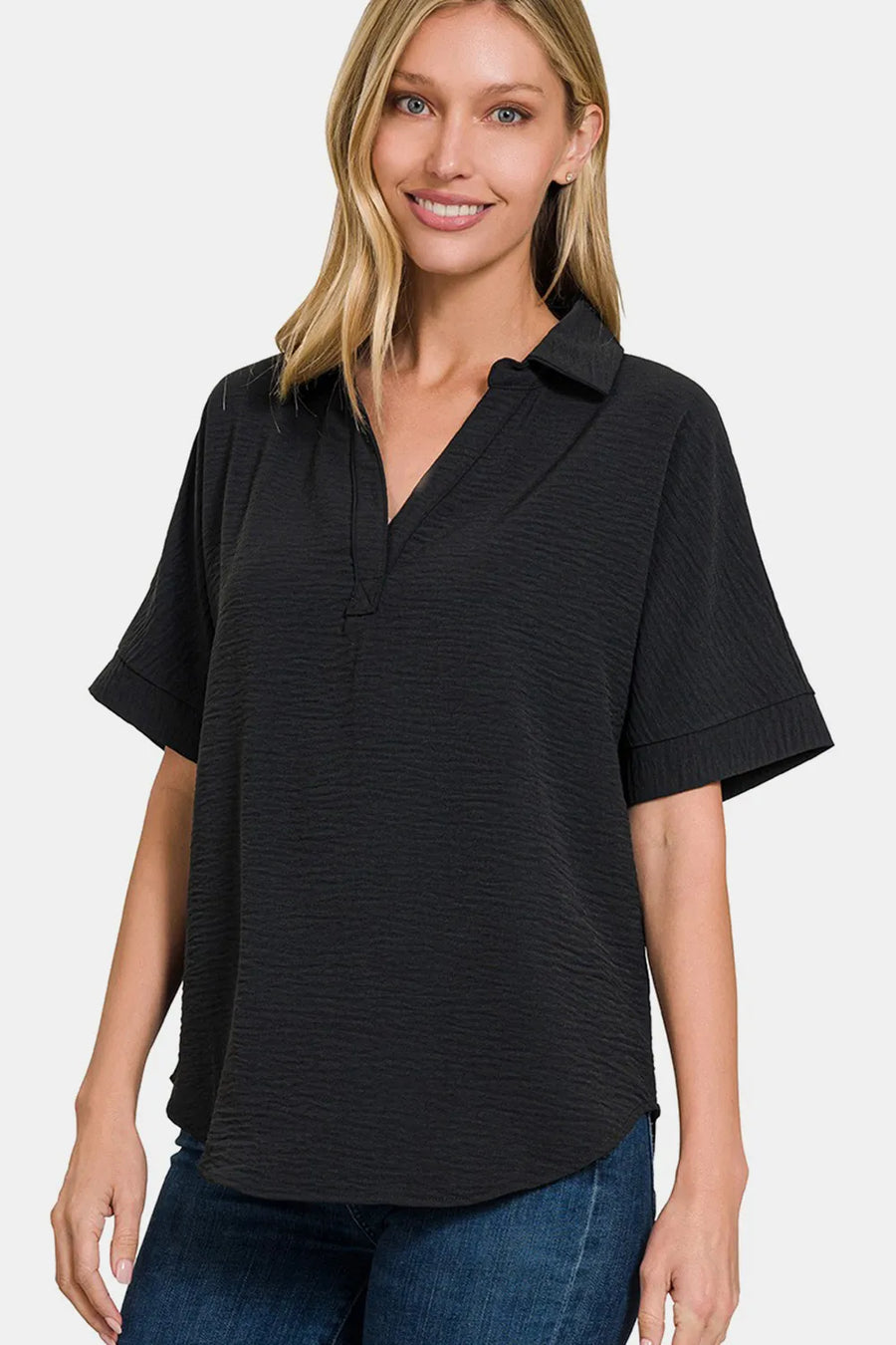 Curve Texture Collared Neck Short Sleeve Top