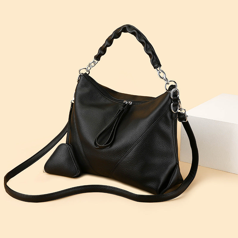 Women's Genuine Leather Chain Shoulder Crossbody Bag with Triangle Pouch