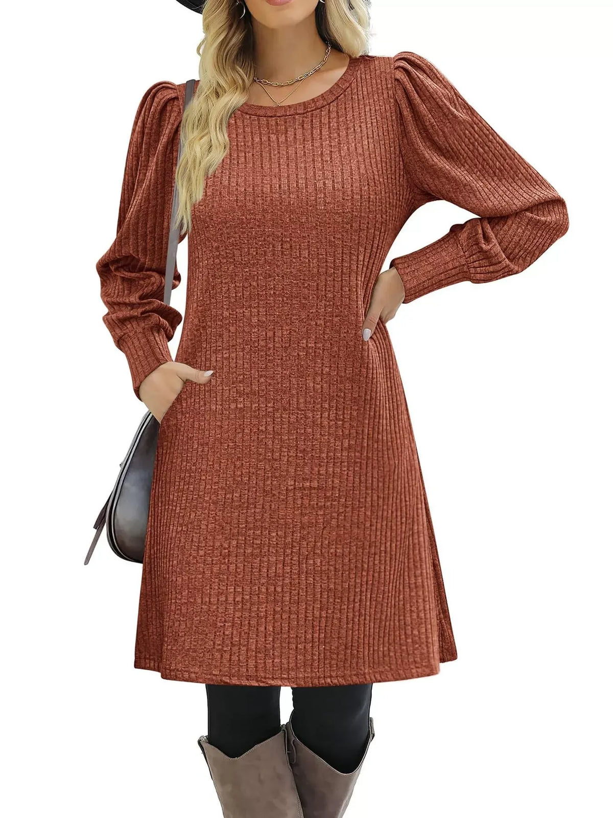 Puff-Sleeve Ribbed Knit Dress with Pockets — photo 6