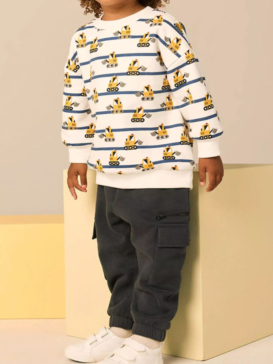 Little Orbit Excavator Print Striped Crewneck Sweatshirt