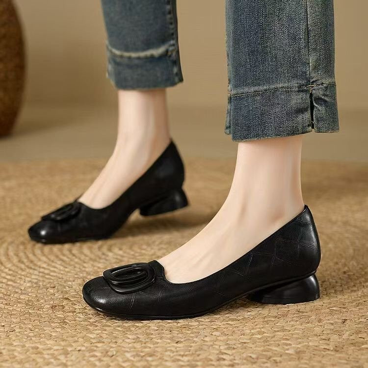 Women's Vintage Round Toe Slip-On Flats | Chunky Low Heel Casual Shoes