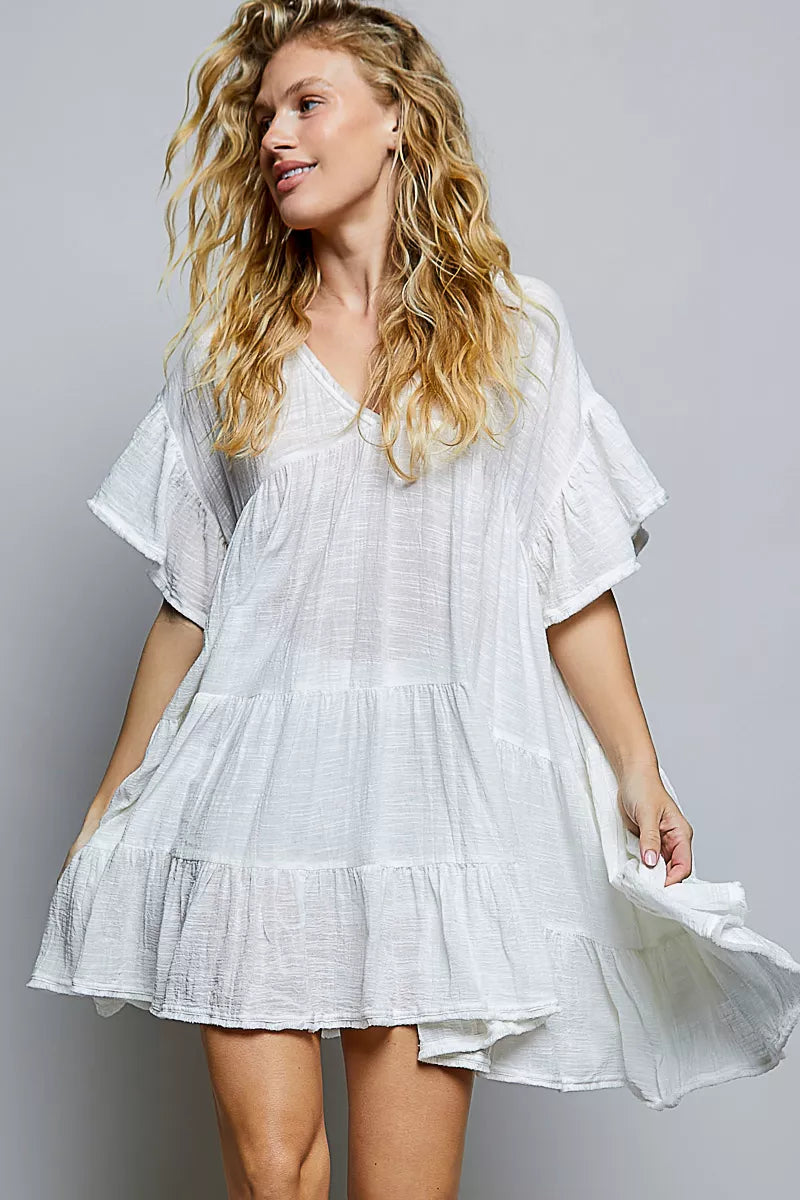 POL Ivory Ruffle V-Neck Cotton Dress