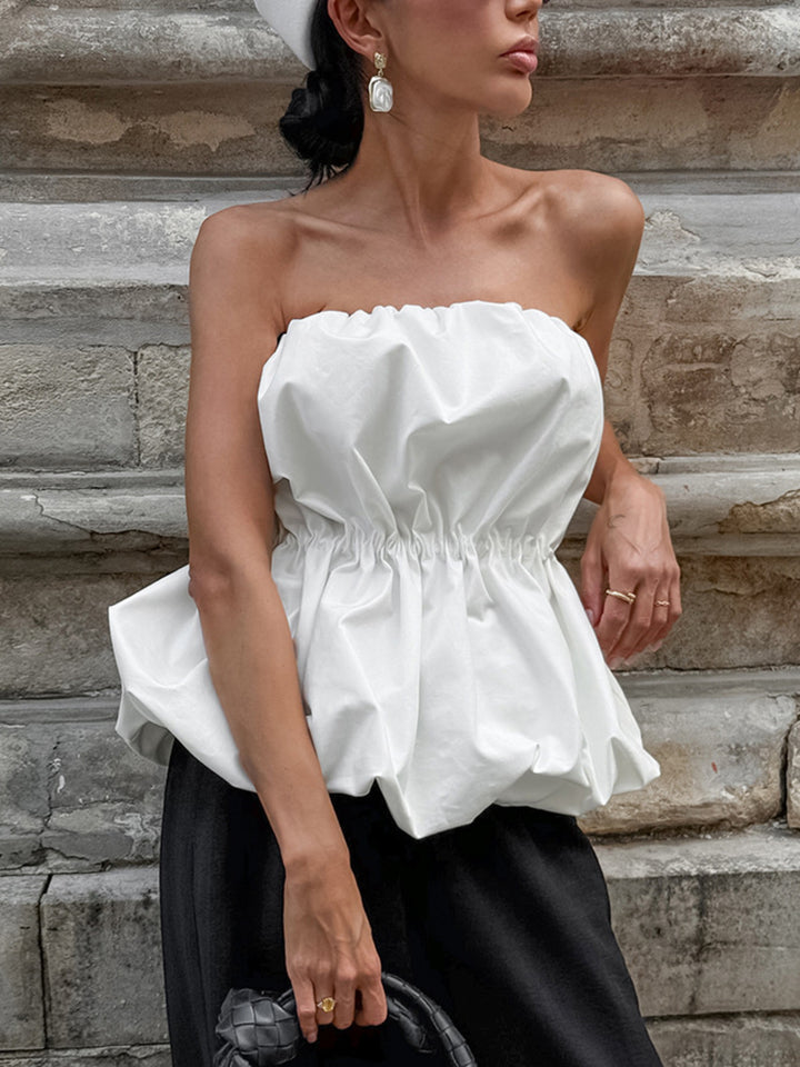 Women's white ruched bubble-hem tube top