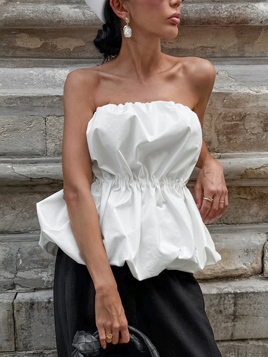 White Ruched Bubble-Hem Strapless Tube Top