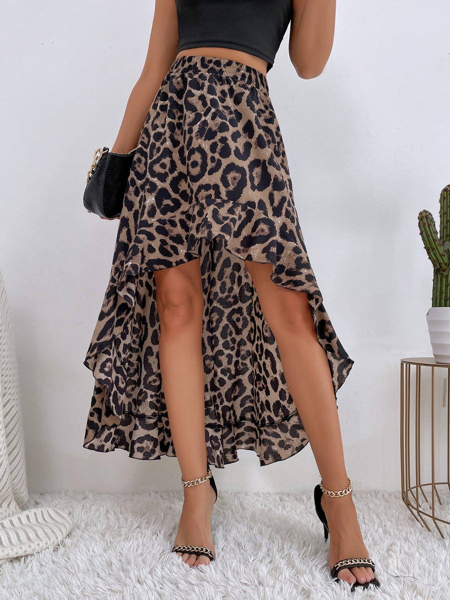Leopard-Print Ruffle-Hem High-Low Skirt
