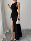 Black one-shoulder ruched maxi dress with high side slit