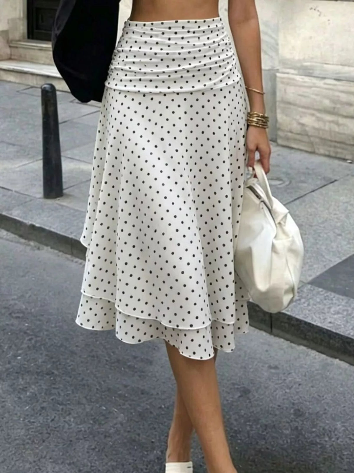 Polka-Dot Ruched Tiered Skirt
