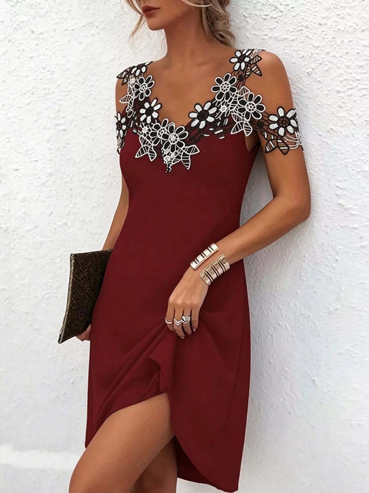 Floral Lace-Trim Cold-Shoulder Mini Dress